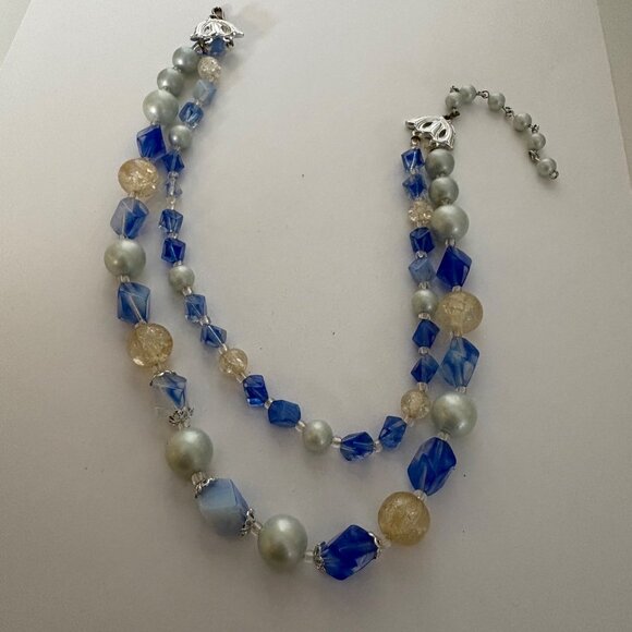 Vintage Double Strand Blue Silver Tone Beaded Necklace Faceted Classic Elegant - Picture 5 of 7